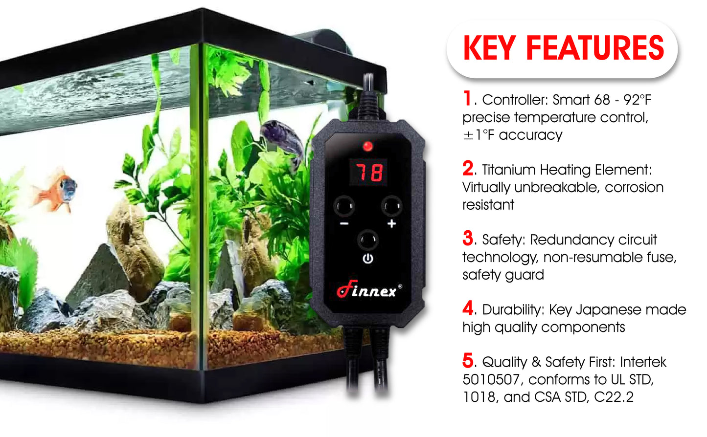 Finnex Titanium Aquarium Heater Digital ETL Listed STE Series: 200, 400, 600, 800 watts